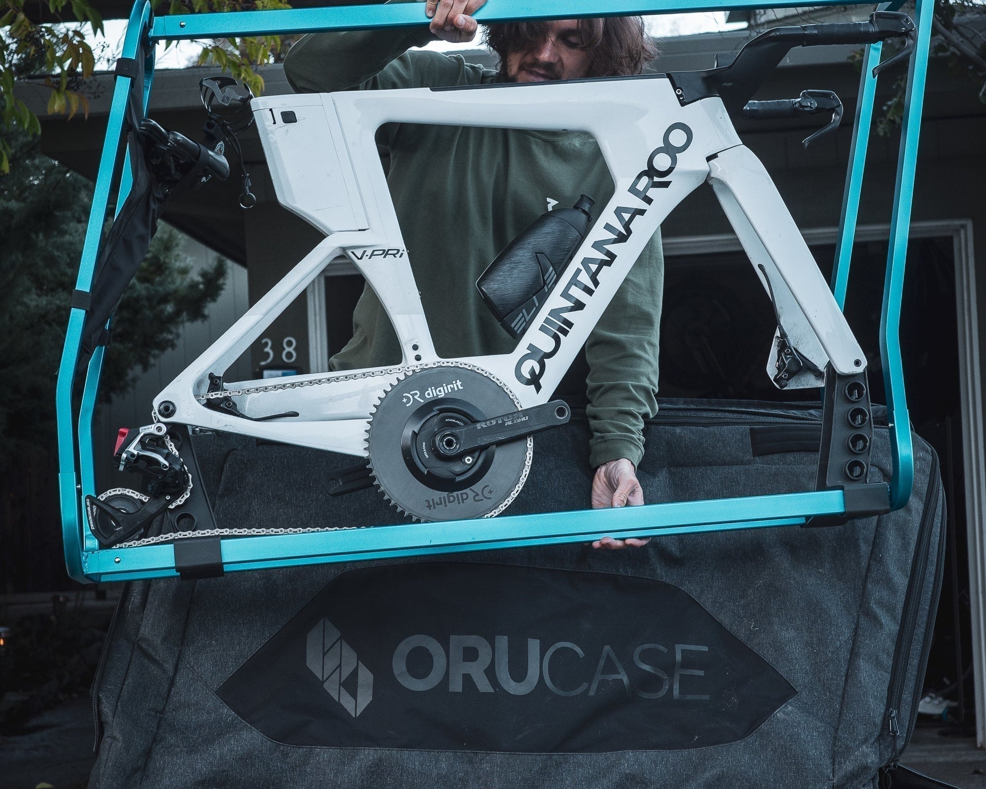 Triathlon bike frame packed in an Orucase Sentinel case before airline travel