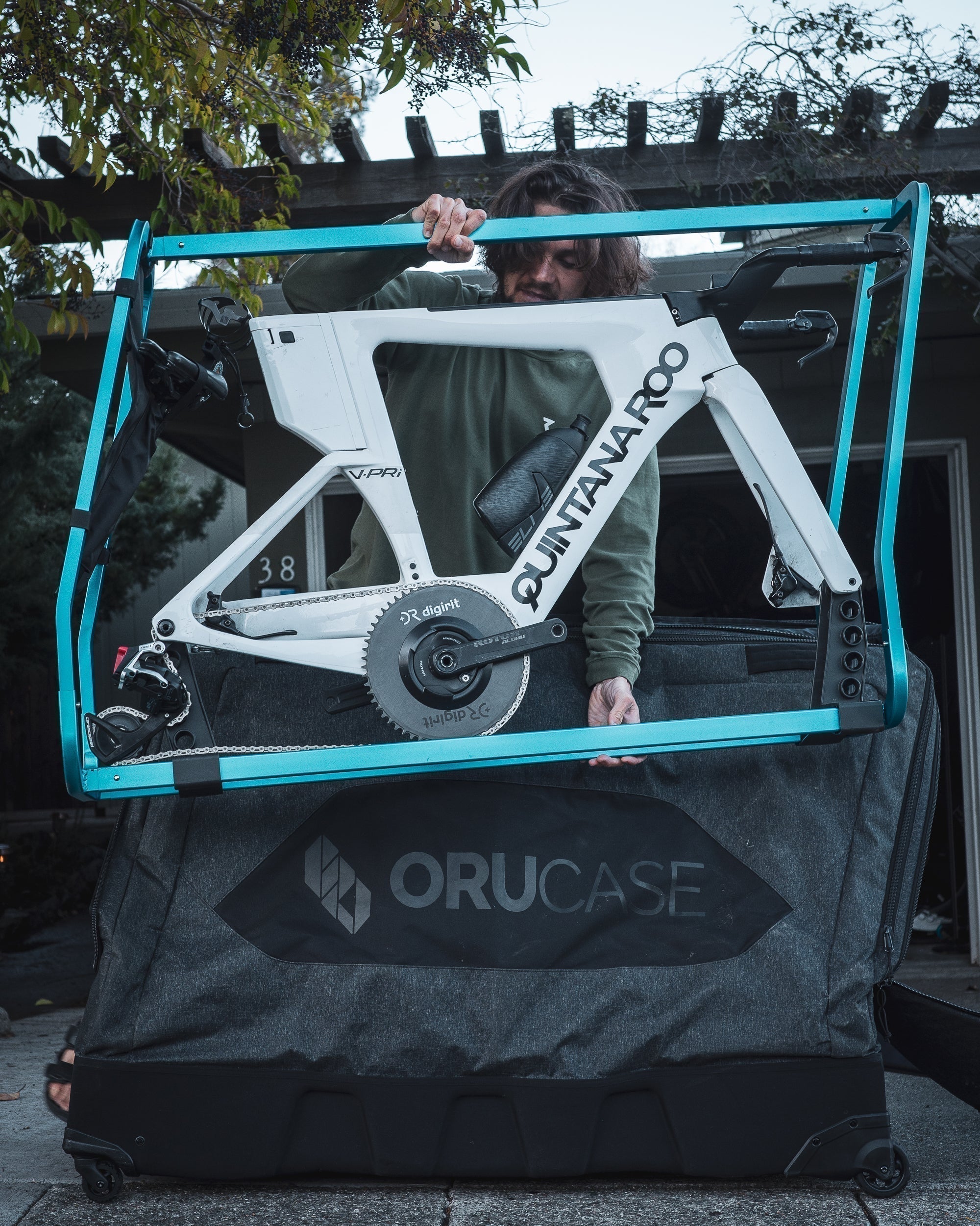 Triathlon bike frame packed in an Orucase Sentinel case before airline travel