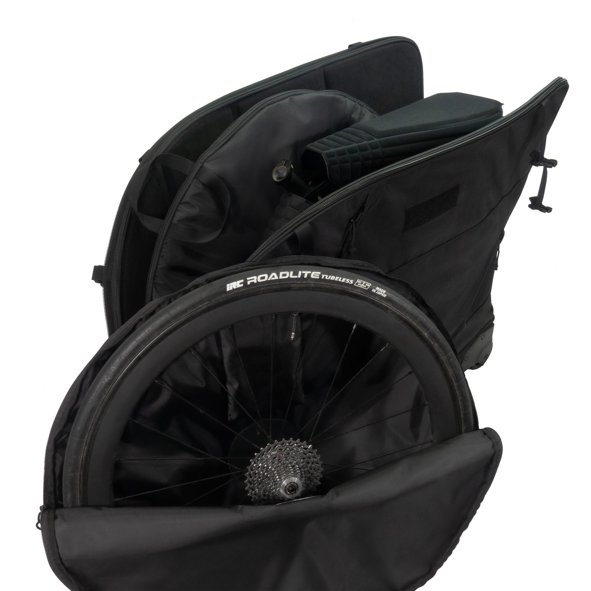 Orucase B2 Bike travel case - open with wheel in wheel bag